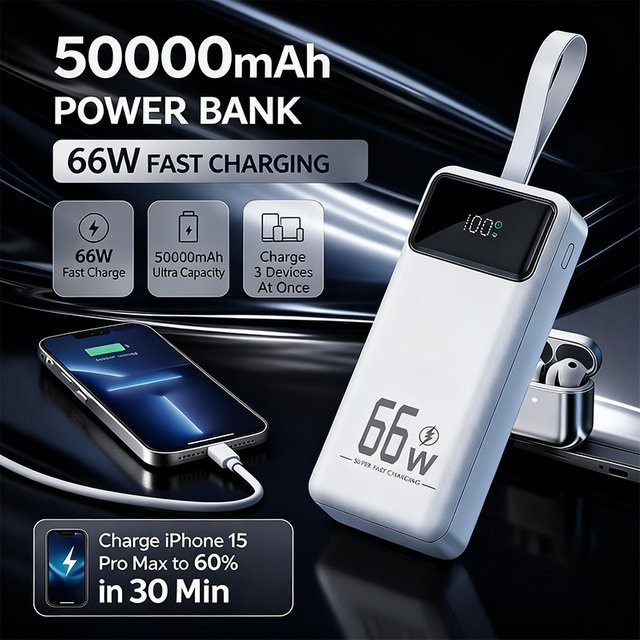 Cohana Powerbank 50000mAh mit 66W Schnellladefunktion, tragbares Ladegerät für 4 Geräte gleichzeitig in Schwarz mit LED-Taschenlampe und Trageriemen, kompatibel mit iOS und Android - Bild 1