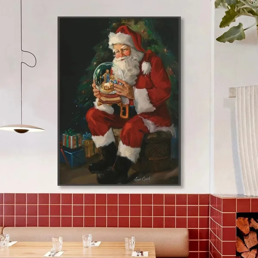 Potdemiel Leinwandgemälde Weihnachten mit Weihnachtsmann und Schneemann, Mehrfarbiges Wandbild im Porträtformat - Bild 2