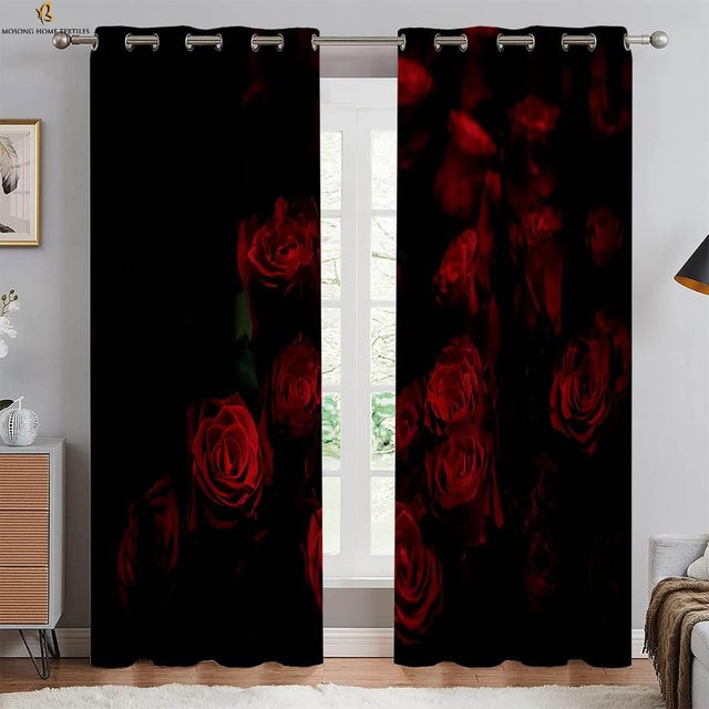 Yiran Furniture Dekorative Vorhänge mit floralem Schmetterlings- und Rotrosenmuster in Rot, transparentes Voile, B: 50 cm, H: 130 cm, 2 Stück - Bild 1