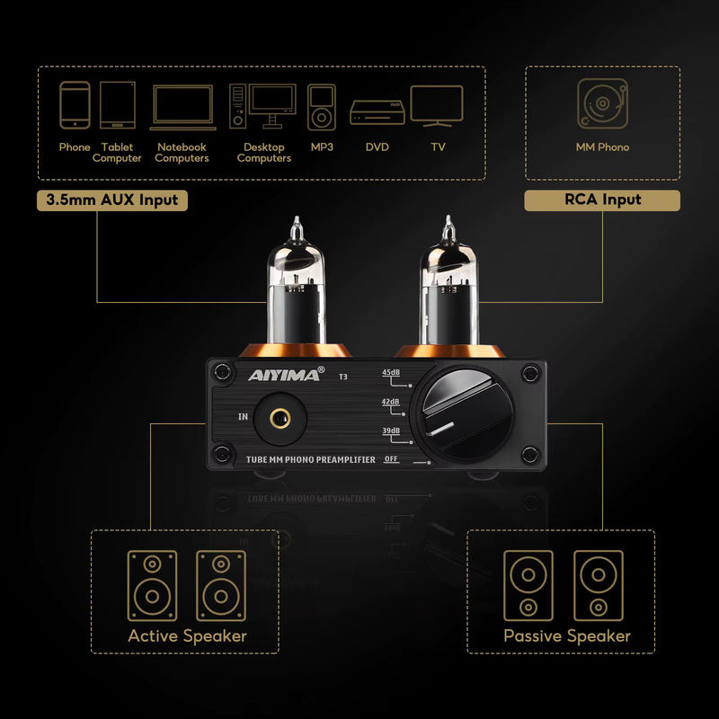 AIYIMA T3 Vakuum Vorverstärker mit 6A2 Röhren, MM Phono Vinyl Plattenspieler Stereo Vorverstärker, Schwarz - Bild 2