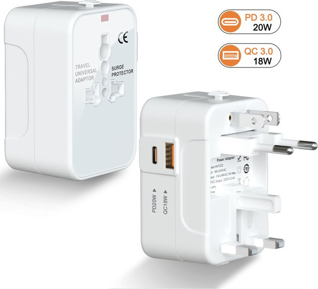 HITRENDS Globaler universeller Reiseadapter in Weiß mit PD20W und QC18W Schnellladefunktion und Überspannungsschutz - Bild 1