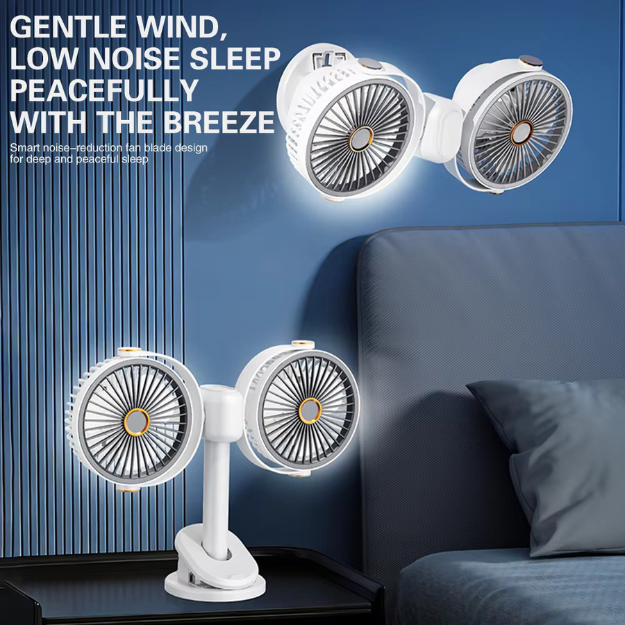 TINSOL Multifunktionaler elektrischer Doppelkopf-Ventilator in Weiß, tragbarer USB-Tischventilator und wandmontierbarer Mini-Ventilator, wiederaufladbar - Bild 2