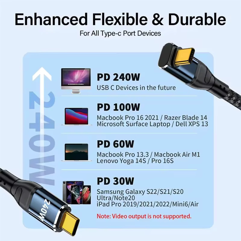 OUIO USB Typ C Schnellladekabel mit 90-Grad-Winkel, 240 W PD3.1 Datenladekabel für iPhone, MacBook Pro, Samsung und Xiaomi, Farbe: Schwarz - Bild 3