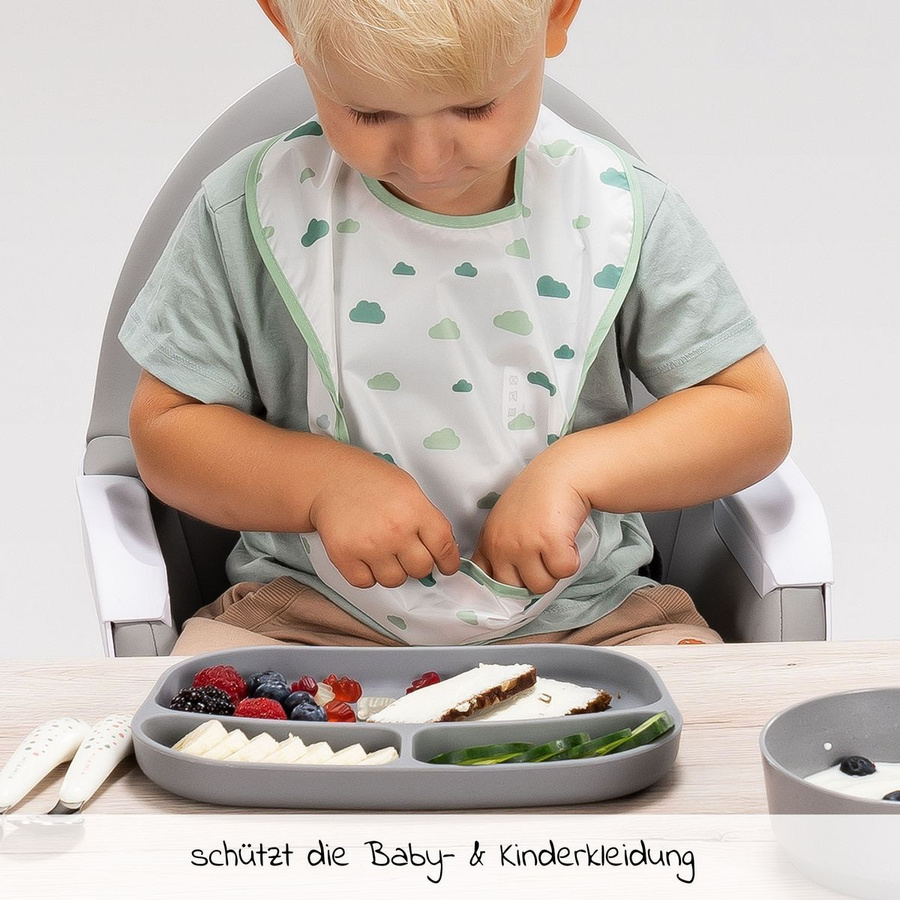 MiaMia 7-tlg. Ess-Set aus Silikon mit 5 Klettlätzchen und 2 Esslern-Tellern in Grün/Grau, BPA-frei und wiederverwendbar - Bild 3