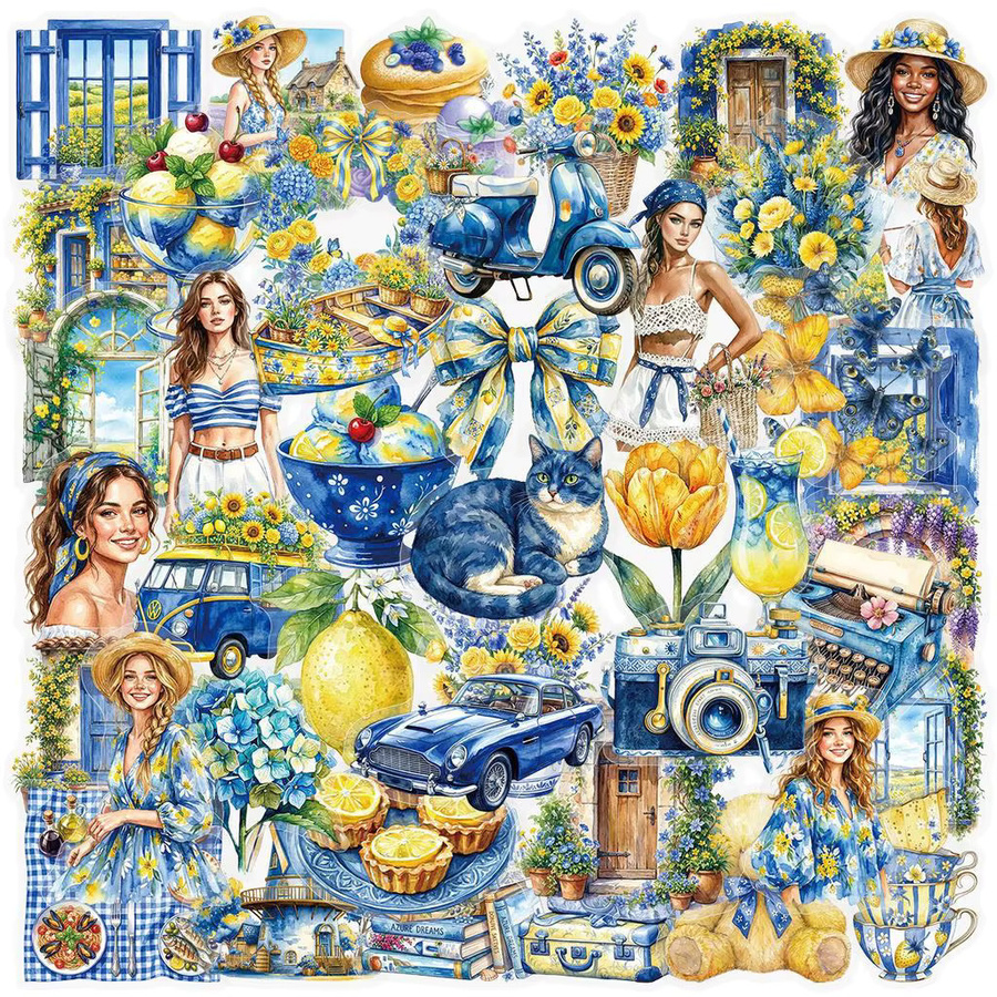 50 Stück BulingBulingStickers Store Transparente PET-Aufkleber im Blau-Gelben Aquarell-Landhausstil für DIY-Dekorationen von Handyhüllen und Tagebüchern - Bild 2