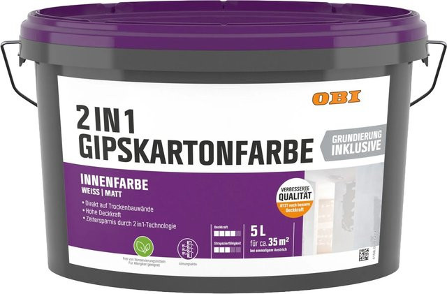 OBI Gipskartonfarbe 2in1 Weiß Matt Dispersion 2,5 l - Bild 1