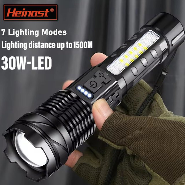Heinast Hochleistungs-LED-Taschenlampe mit Laternenfunktion und COB-Seitenlicht, wiederaufladbar, Schwarz - Bild 1