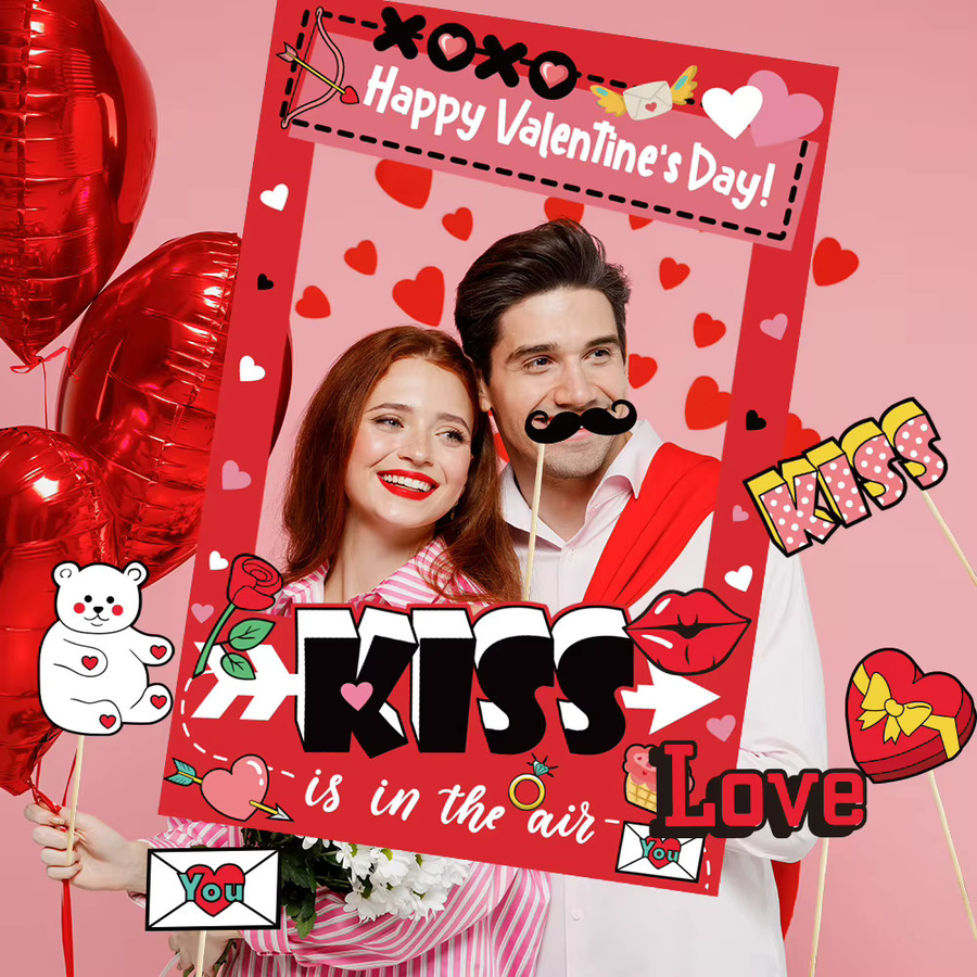 Photo Booth Requisiten Set für Valentinstag und Hochzeiten mit Herz-Motiven und Rahmen in Rot aus Papier - Bild 3