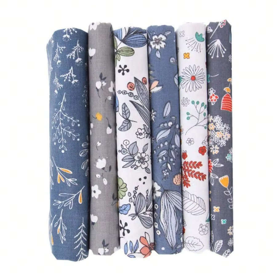 WENYUYA 6-teiliges Baumwollstoff-Set mit Blumen-, Gras- und Blattmustern in Grau, Dunkelblau und Karomuster für DIY-Taschen, B/B/B: 25 x 25 x 25 cm - Bild 2