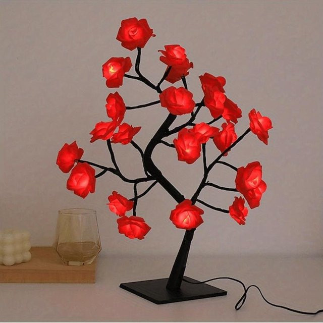 YC Direct LED Rosenblume Tischlampe in Rot mit 24 LEDs, USB-betrieben, modernes Nachtlicht für das Schlafzimmer - Bild 1