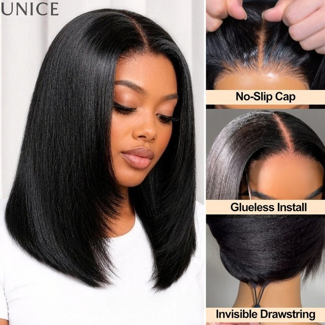 UNice Layered Cut Yaki Straight Human Hair Bob Wig, 150% Density - Bild 1