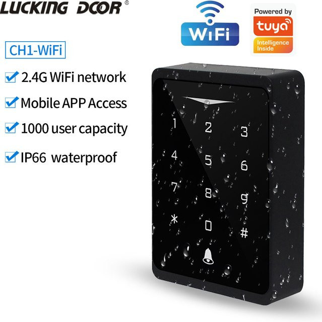 LUCKING DOOR Zugangskontrollsystem mit Tuya-App-Unterstützung, 2,4G WLAN, RFID-Tastatur und hintergrundbeleuchtetem Touchscreen, IP66 wasserdicht, 125 kHz EM-Kartenleser, WG 26 Bit, Schwarz - Bild 1