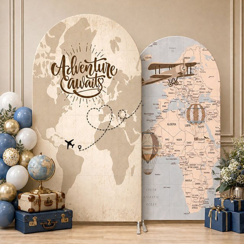 Vintage Abenteuer-Bogen-Hintergrundbezug mit Weltkarte und Flugzeug-Motiv in Beige, B/H: 120 x 50 cm - Bild 1