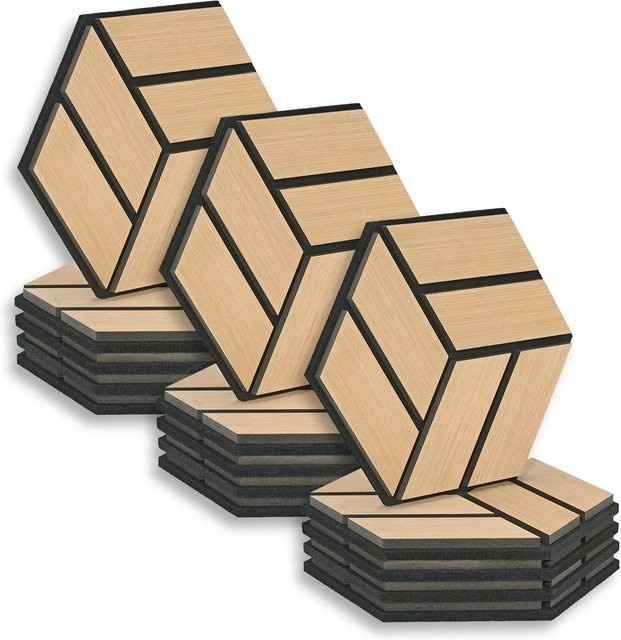 Homestyle4u Akustikpaneele Hexagon aus Holz und Filz, 15 Stück, B: 30 cm, H: 26 cm, Natur - Bild 1