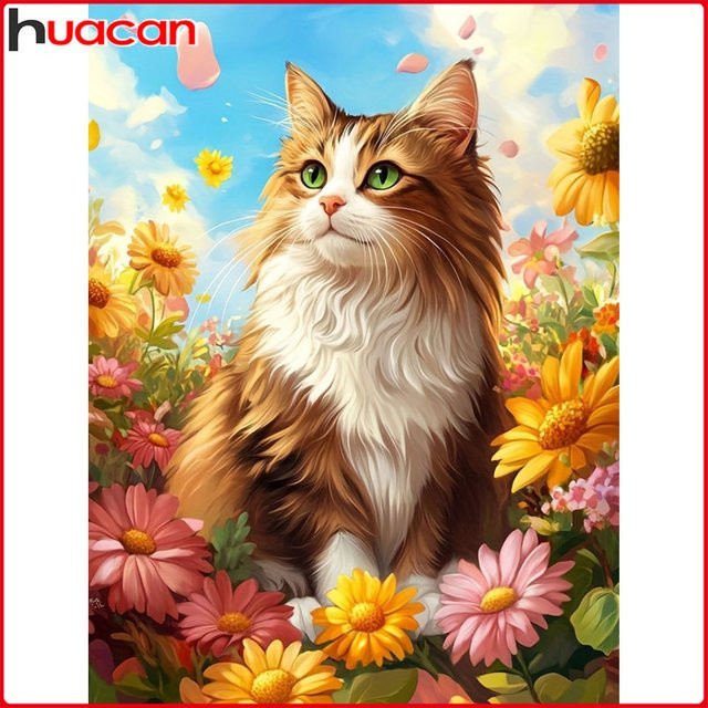 Huacan Diamantgemälde Katze mit Sonnenblumen als dekoratives Diamantmosaik in Mehrfarben - Bild 1