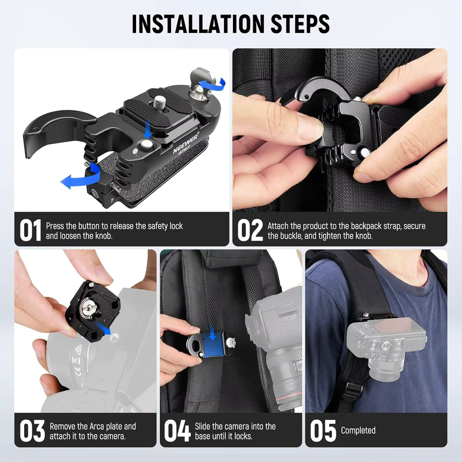 Neewer Kamera Clip Halterung mit Quick Release QR Platte für Rucksackgurte in Schwarz, kompatibel mit Canon, Nikon und Sony DSLRs - Bild 6