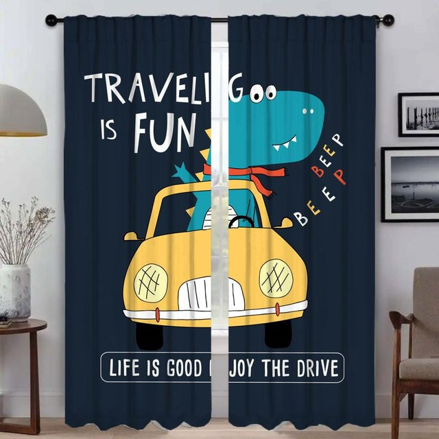Dinosaurier Vorhänge für das Schlafzimmer, 2er-Set blau, semi-transparent mit Grafik-Design, Breite: 50 cm, Höhe: 70 cm - Bild 1