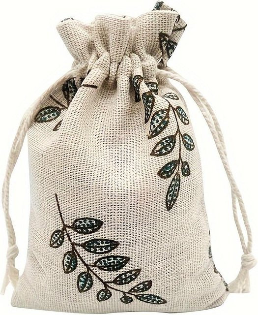 XYNN Leinenbeutel mit Blattdruck und Kordelzug in Beige, B/H: 14 x 10 cm - Bild 1