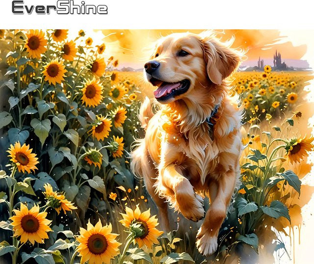 EverShine Diamant-Gemälde Hund mit Sonnenblumen Mosaik-Set, Mehrfarbig, B/H: 30 x 30 cm - Bild 1