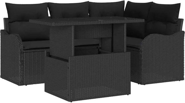 vidaXL Garten-Sofa-Set aus Poly-Rattan in Schwarz, 5-teiliges L-Shape Set mit Tisch, Eckstühlen, Sofas mit Armlehnen und Kissen - Bild 1