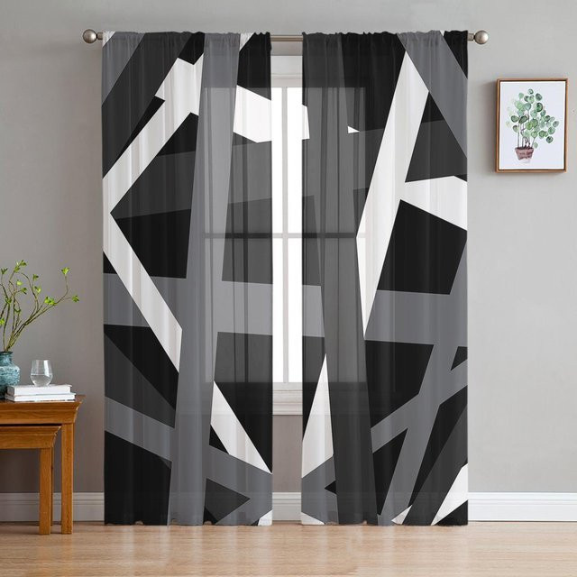 Binchi Outdoor Equipment Transparentes Voile-Vorhang mit schwarz-weiß gestreiftem geometrischem Muster, Breite: 135 cm, Höhe: 114 cm - Bild 1