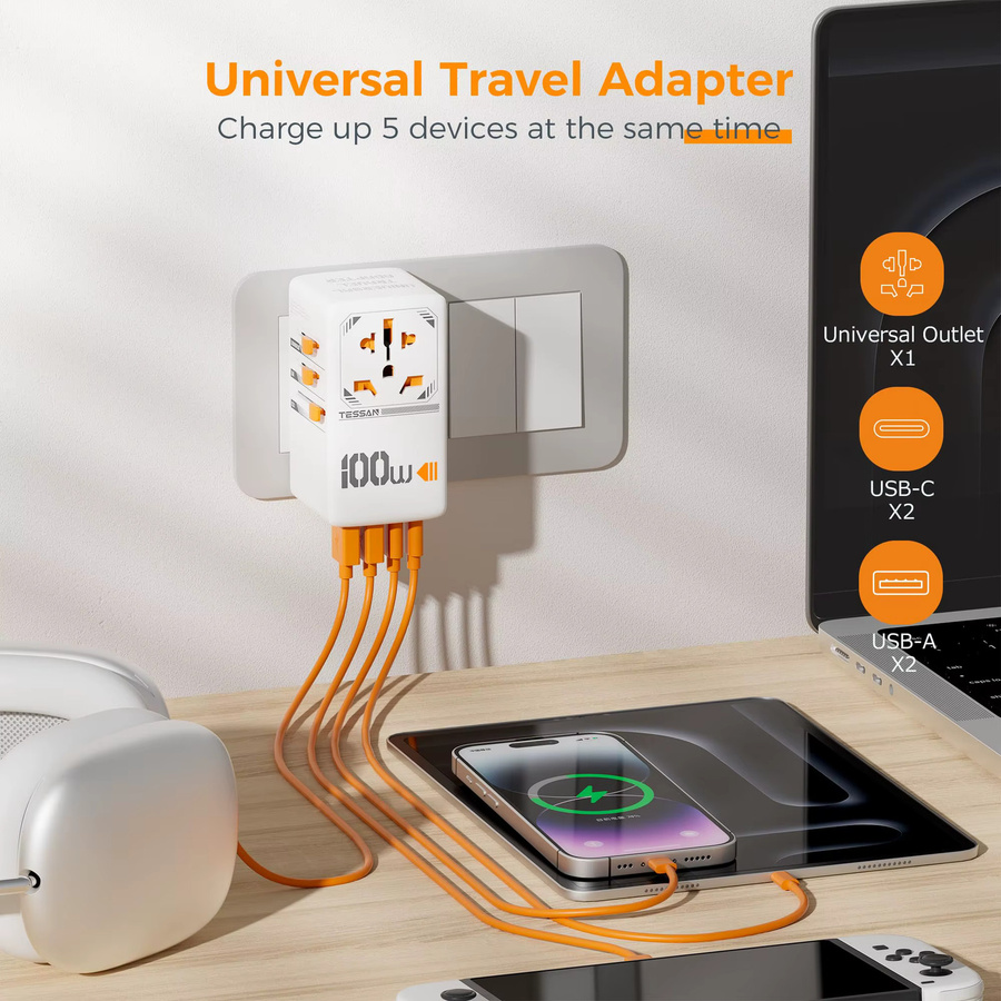 TESSAN GaN Universal-Reiseadapter mit 100 W Schnellladung, 2 USB-C Anschlüssen, All-in-One International für EU, UK, USA und AUS - Bild 3