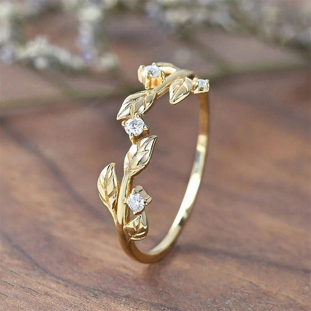 Huitan Ring, Gold Farbe, Blatt, Kristall, Zirkonia, Damen - Bild 1