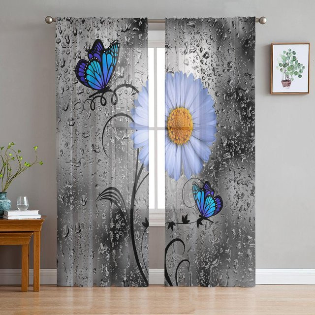 Super Six Voile Vorhang mit blauem Rosen- und Schmetterlingsmuster, transparent, B: 135 cm, H: 114 cm - Bild 1