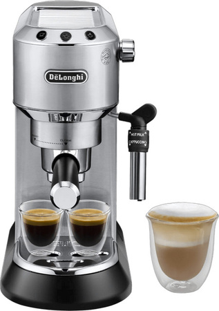 De'Longhi EC685.M Dedica Siebträgermaschine in Silber mit Dampflanze und Tassenwärmer