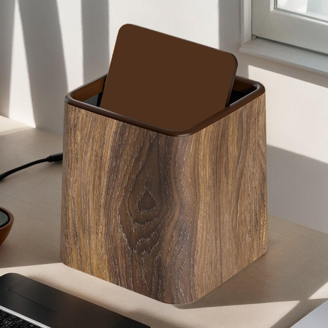 Retro Schreibtisch-Mülleimer mit Deckel aus Holz in Braun, B/T/H: 15,3 x 14,7 x 15,3 cm - Bild 1