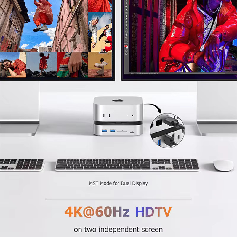 Basix Dockingstation für Mac Mini M4 USB C Hub mit Dual Monitor DisplayPort, M.2 NVMe SSD Slot, 4K60 HDTV und SD/TF Kartenleser, Farbe: Silber - Bild 3