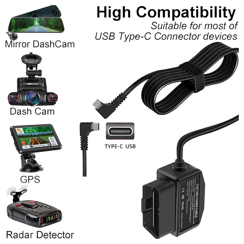 Dashcam OBD Hardwire-Kit mit USB Typ C Anschluss, schwarzes Stromkabel für Dashcams 12–24 V auf 5 V/3 A - Bild 5