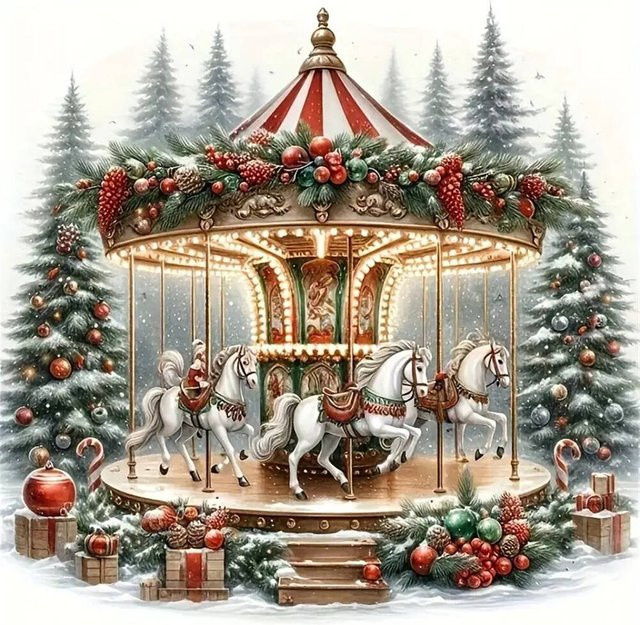 YUTTEE Diamant-Malerei DIY Winterlandschaft mit Karussell und Baum als rundes Diamant-Mosaik in Multicolour, Breite: 20,0 cm, Höhe: 20,0 cm - Bild 1