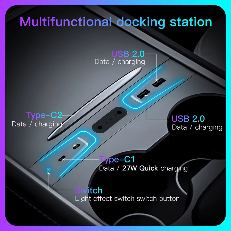 NAVIFANS 27 W Schnellladegerät USB-Hub für Tesla Model 3 und Tesla Model Y 2021–2023, Intelligente Dockingstation mit USB-A und USB-C, Schwarz - Bild 5