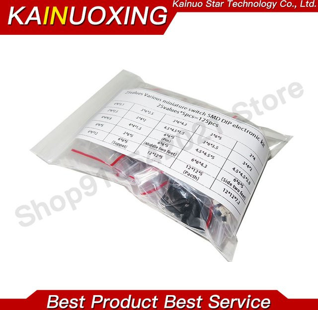 KAINUOXING Micro Push Button Tact Schalter Set, 125 Stück in 25 Arten, SMD und DIP, Farbe: Schwarz - Bild 1