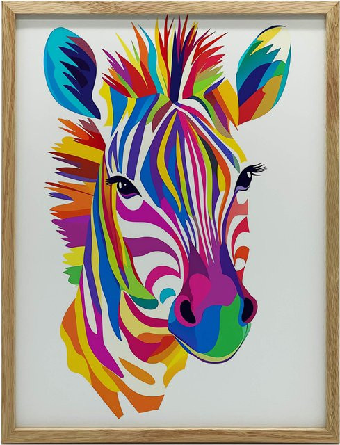Regenbogen Zebra Poster von Marcin Zbijowski in Multicolor mit goldenem Aluminiumrahmen, B/H: 40 x 50 cm - Bild 1