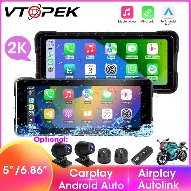 JMCQ Motorrad DVR mit 5/6,86 Zoll HD Touchscreen, Tragbare GPS Navigation, Drahtlose CarPlay und Android Auto Multimedia Recorder, Wasserdicht, Schwarz - Bild 1