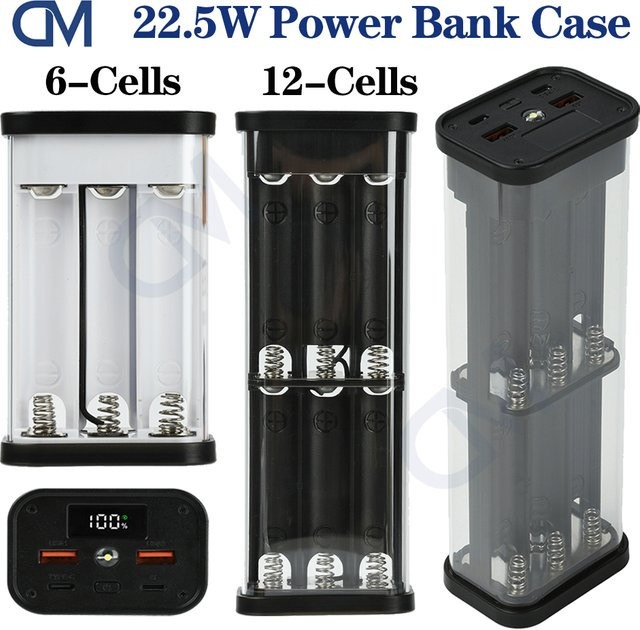 diymore Transparente 18650 Power Bank Hülle mit 22,5 W Schnellladung, LED-Anzeige, USB-A und Typ-C Port, Batterie-Aufbewahrungsbox für 6 oder 12 Zellen, Weiß - Bild 1