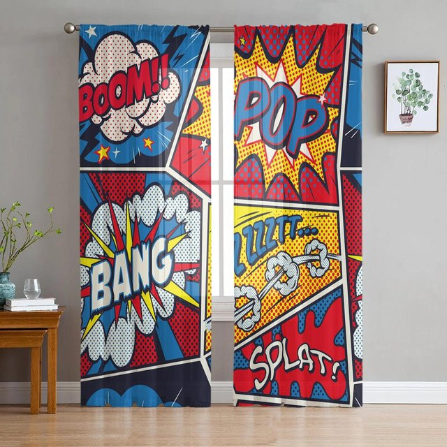 Yiran Furniture Transparente Vorhänge mit Blaue Explosion Punk Graffiti Design aus Organza, Farbe: Blau/Mehrfarbig, B: 135 cm, H: 115 cm - Bild 1