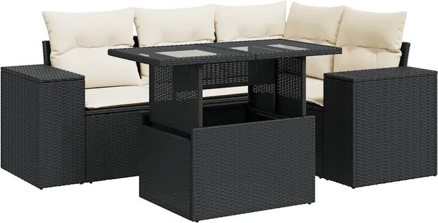 vidaXL 5-teilige Garten-Sofagarnitur in L-Form aus Poly-Rattan mit Kissen in Schwarz-Creme - Bild 1