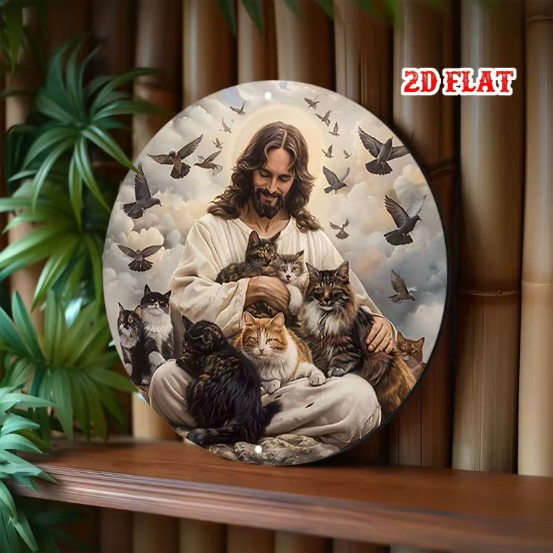 CIFBUY Vintage Jesus mit Katzen Wandkunst Rundes Aluminium Metallschild für Home Bar Cafe Dekor - Bild 3