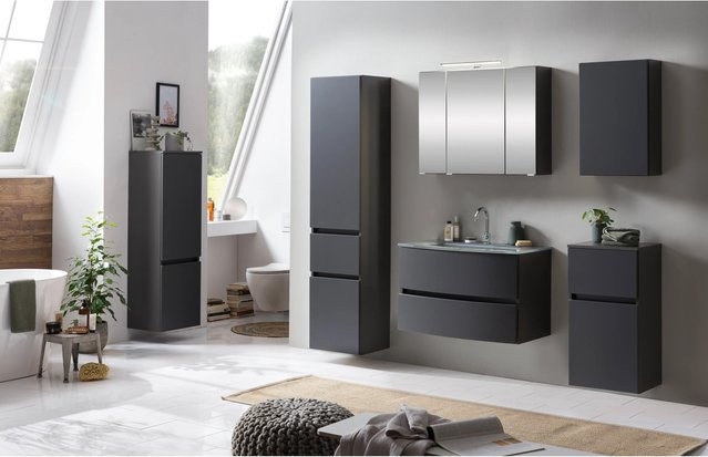 Held Möbel Waschtisch-Set Salerno 2-tlg. in matt Graphitgrau mit Glasbecken und Spiegelschrank, Breite: 80 cm - Bild 1