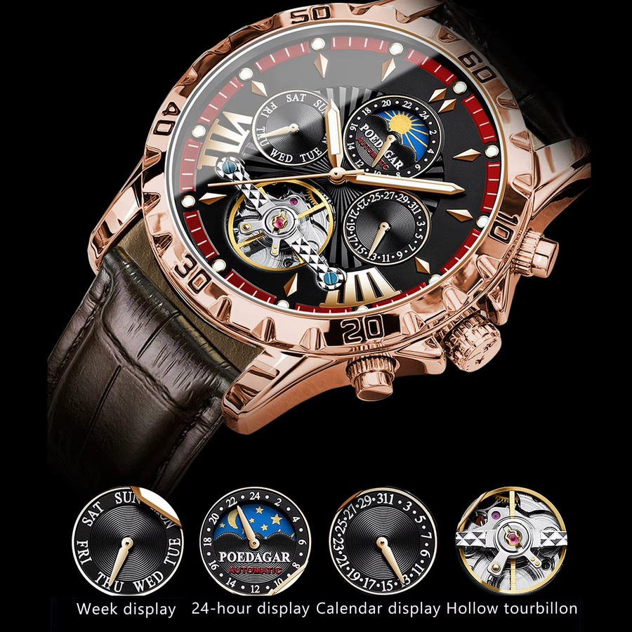 POEDAGAR Armbanduhr Tourbillon, Automatik, Leder, Herren, Schwarz, Roségold - Bild 4