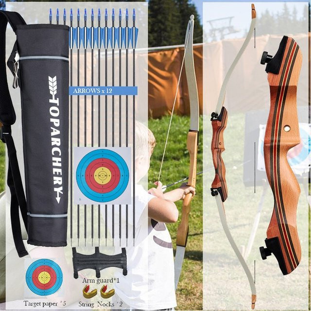 Toparchery Takedown-Recurve-Bogen, hölzern, für die rechte Hand, mit Zielübungspfeilen - Bild 1
