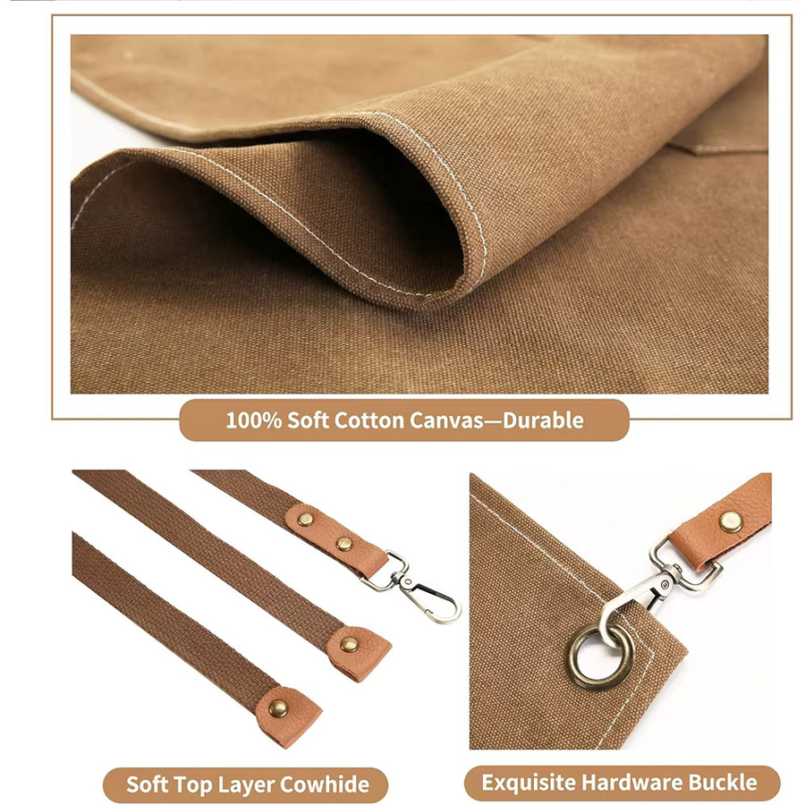 LMETJMA Kochschürze aus Baumwoll-Segeltuch mit Kreuzrücken und großen Taschen für Damen und Herren in Weiß und Braun - Bild 3