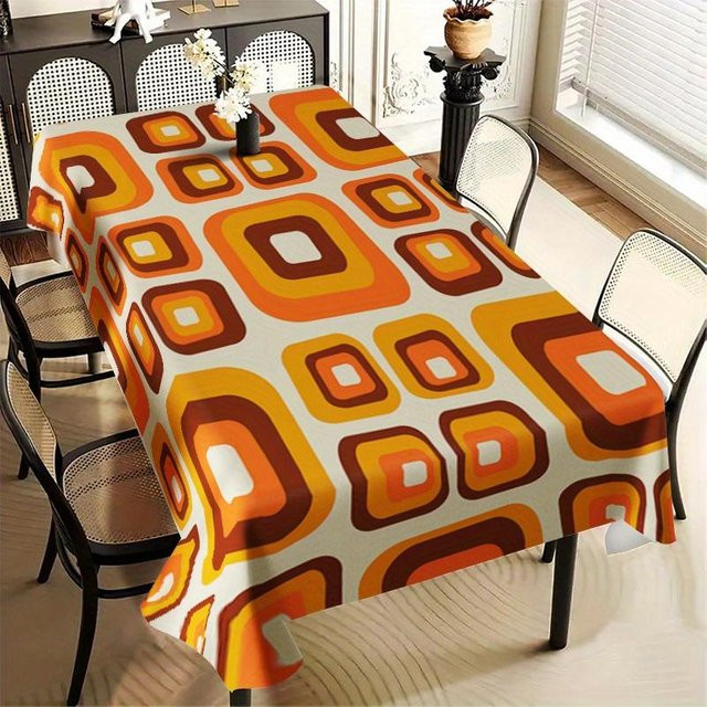 Neo Mode Tischdecke im Retro 70er Jahre Stil, Geometrischer Vintage Druck, Wasserabweisend, Orange, B: 137 cm, L: 183 cm - Bild 1
