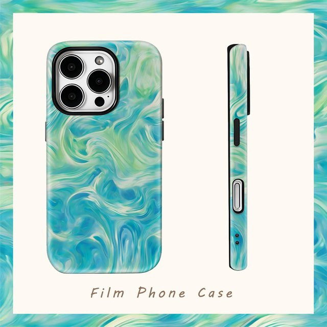 Handyhülle mit blaugrünen Wellen für Apple iPhone 11 bis 17 Pro Max Plus, doppellagiges Design - Bild 1