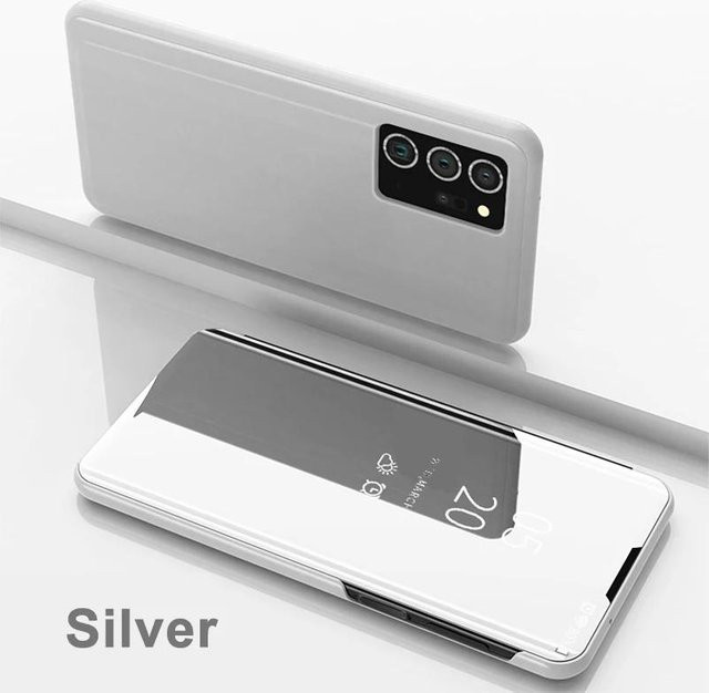 Smart View Mirror Flip Case für Samsung Galaxy S24 Ultra und S23 FE Plus, stoßfeste Schutzhülle mit Standfunktion, Farbe: Silber - Bild 1