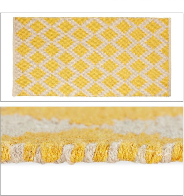 Relaxdays Läufer aus Baumwolle in Gelb und Beige mit Rautenmuster im Boho-Look, rutschfest und fußbodenheizunggeeignet, B/T: 70 x 140 cm - Bild 1