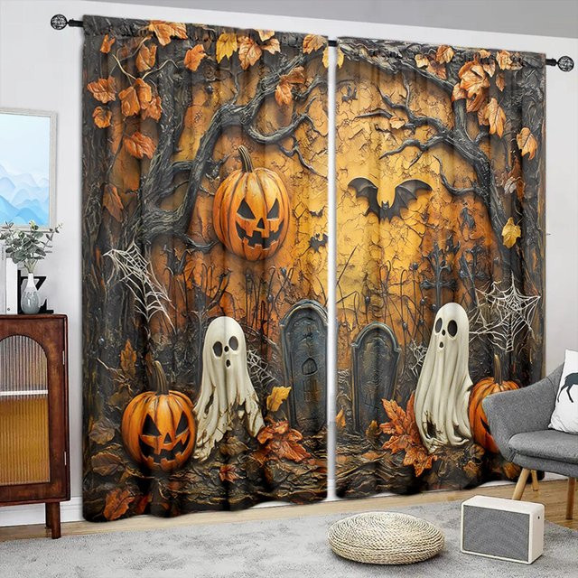 2er-Set Halloween Vorhänge mit Kürbis- und Geist-Motiv in Braun und Orange, halbtransparent, Breite: 52,5 cm, Höhe: 116 cm - Bild 1